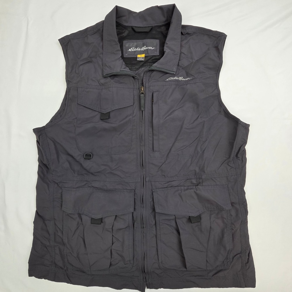 Eddie Bauer Mens Travex Atlas Utility Vest Large Gray Fishing Hiking Outdoor